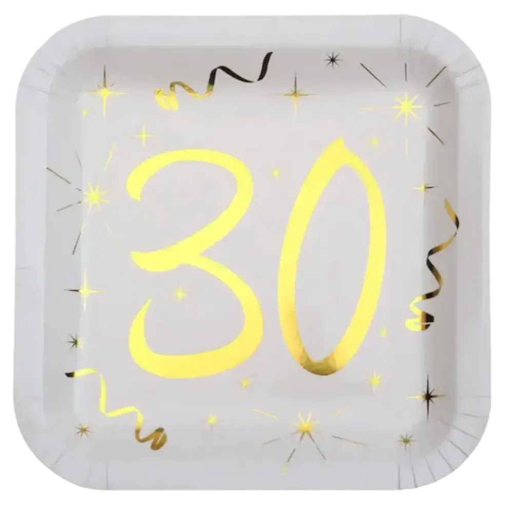 Assiette carré Blanc/Or 30 ans (Lot de 10)