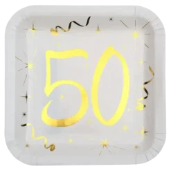 Assiette carré Blanc/Or 50 ans (Lot de 10)
