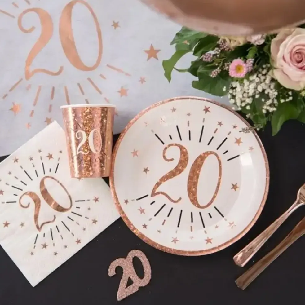 Assiette en papier 20 ans Blanc/Or Rose(lot de 10)