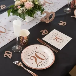 Assiette en papier 20 ans Blanc/Or Rose(lot de 10)