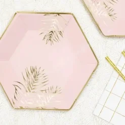 Assiette en papier rose avec motif feuille d'or (Lot de 6)