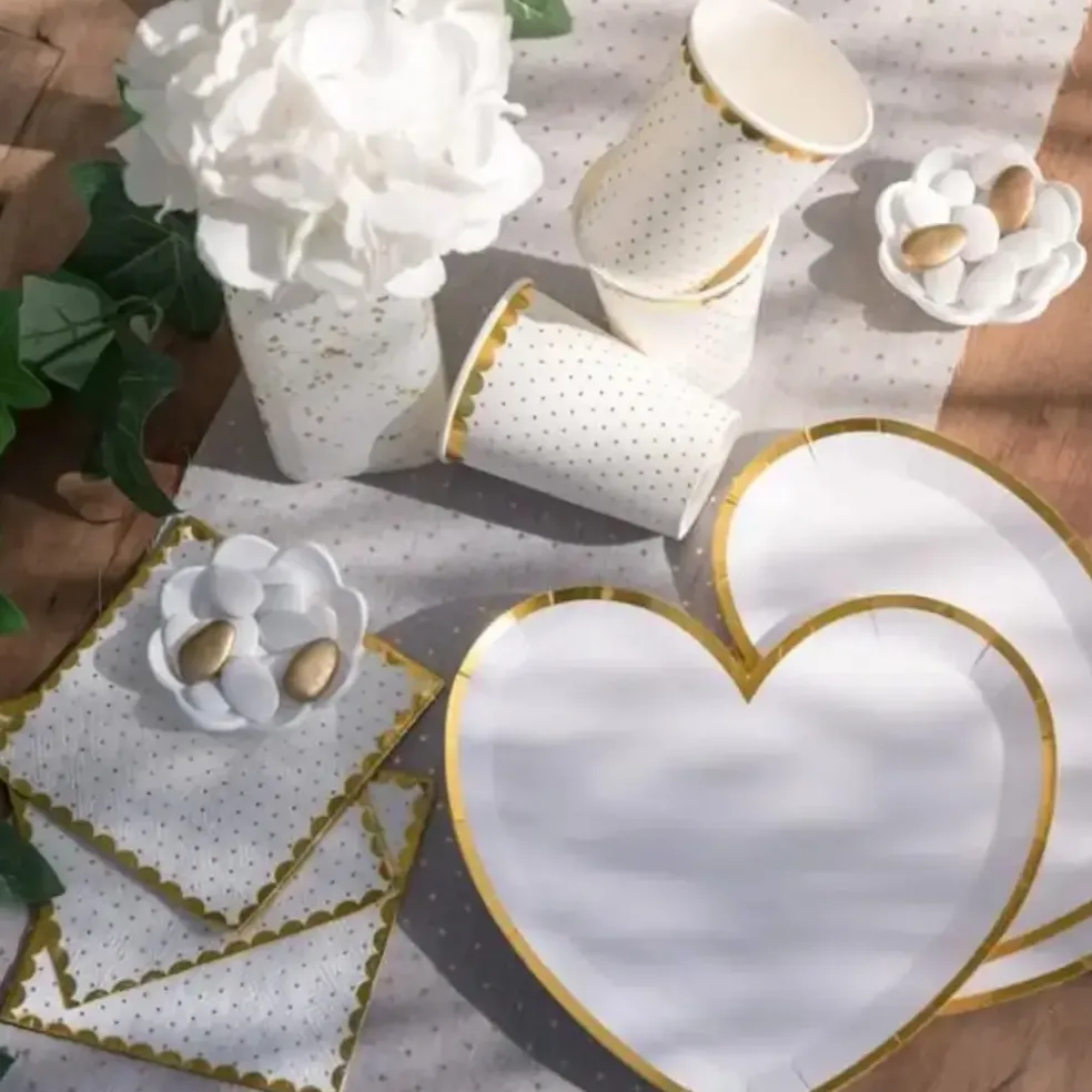 Assiette Forme Coeur Blanc/Or (Lot de 10)