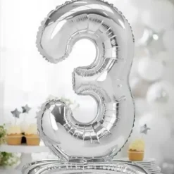 Ballon anniversaire chiffre 3 sur pieds Argent 70cm
