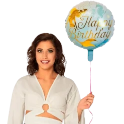 Ballon en aluminium Sirène "Happy Birthday" bleu et doré