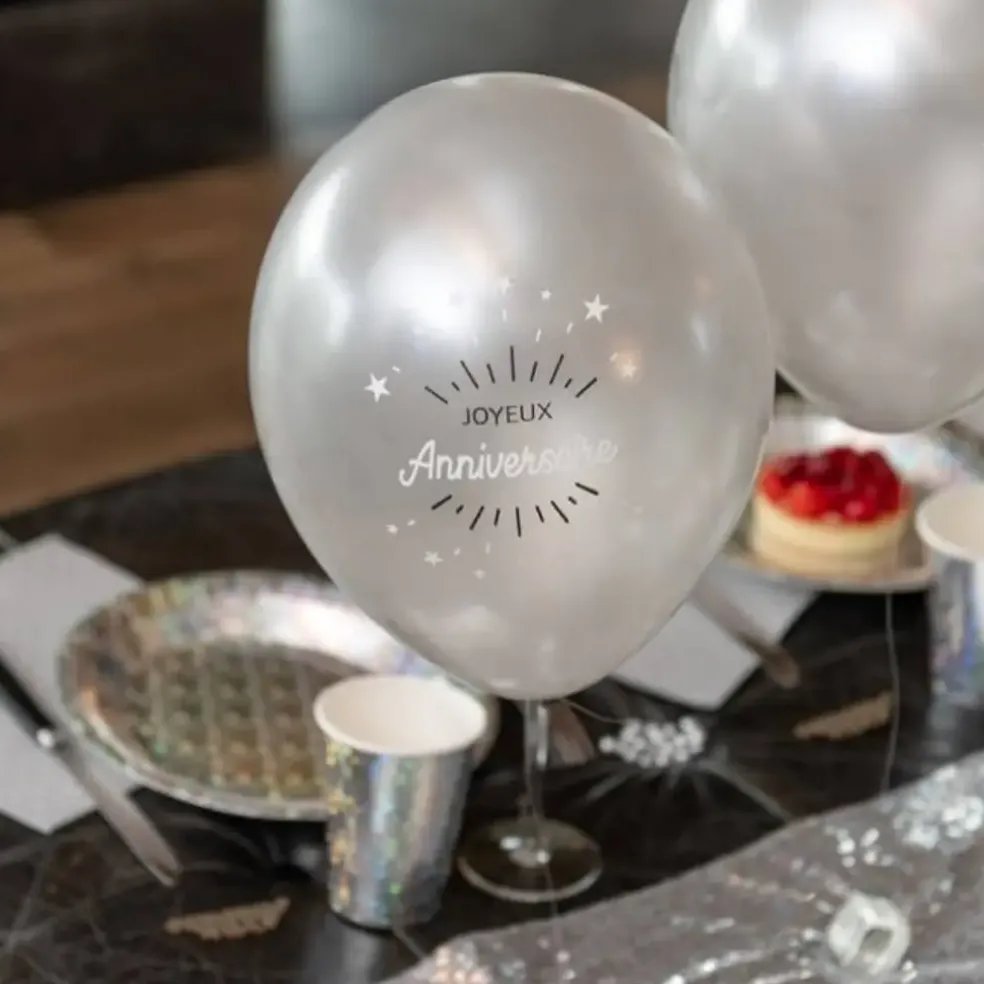 Ballon Joyeux Anniversaire Métallisé Argent (lot de 8)