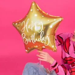 Ballon Mylar Étoile - Happy Birthday - Or & Blanc - 40cm