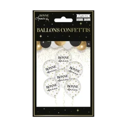 Ballons Confettis Noir / Or "Bonne Année" - Lot de 6