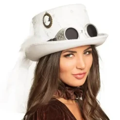 Chapeau Steampunk Mariée Argent – Haut de Forme avec Lunettes Rétro et Voile
