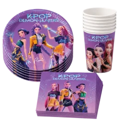 Kit Vaisselle Jetable Anniversaire K-POP Demon Hunters – 8 Assiettes, 8 Gobelets & 20 Serviettes