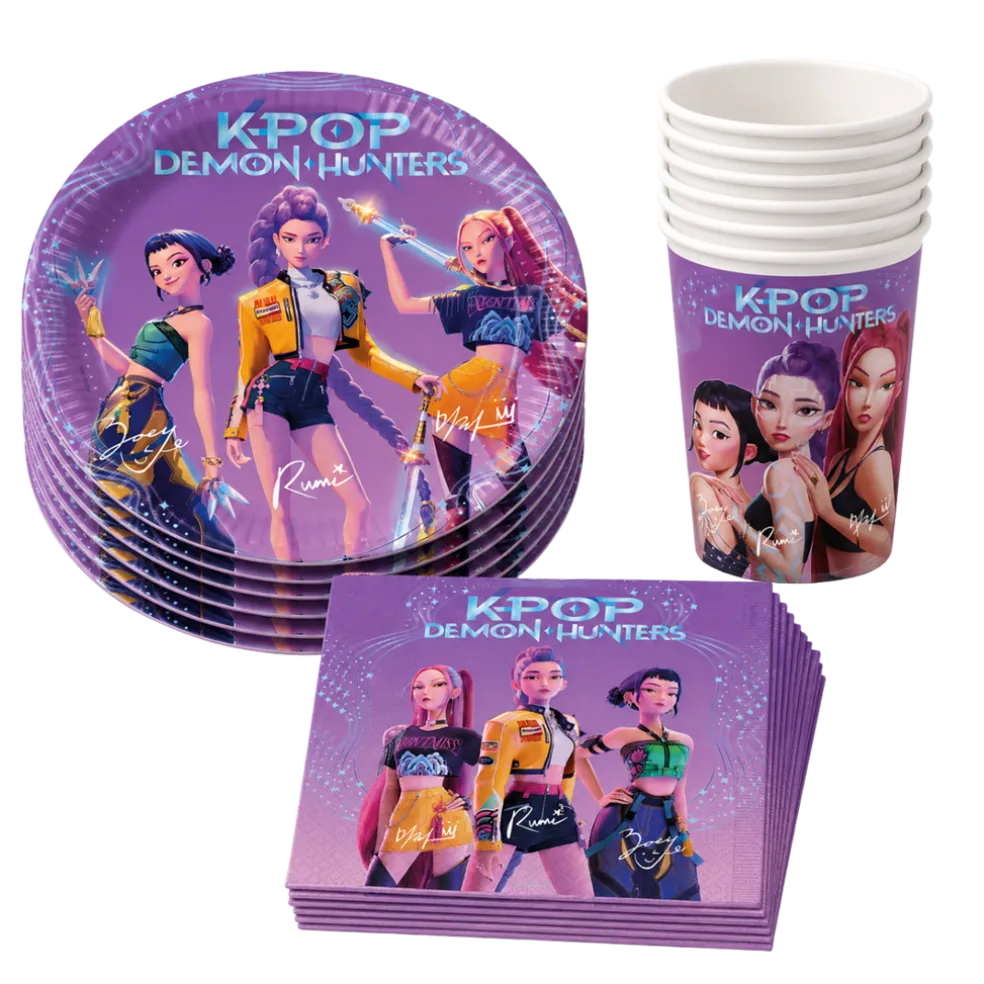 Kit Vaisselle Jetable Anniversaire K-POP Demon Hunters – 8 Assiettes, 8 Gobelets & 20 Serviettes