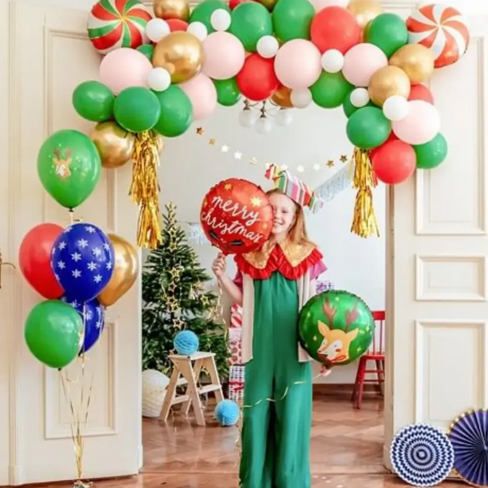 Lot de 6 ballons Noël imprimés - Flocon/Vert/Rouge/Or - 30cm