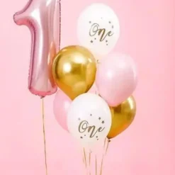 Lot de 6 Ballons 1st Birthday - Rose/Blanc/Or - 30cm