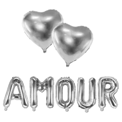 PACK BALLONS "AMOUR" + 2 BALLONS COEURS ARGENT .