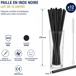 Paille inox réutilisable Noir mat 21,5cm /ø6mm (12pcs)