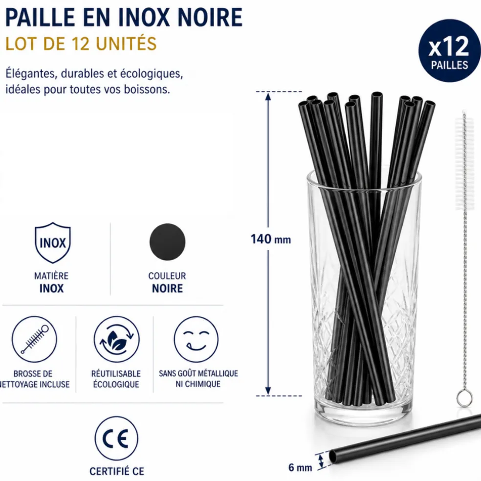 Paille inox réutilisable Noir mat 14cm /ø6mm (12pcs)