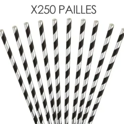 Paille papier rayée Argent/Noire 20cm /ø6mm (250 pcs)