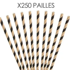 Paille papier rayée Kraft/Noire 20cm /ø6mm (250 pcs)
