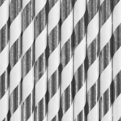 10 Pailles en papier de couleurs argent à rayures blanches