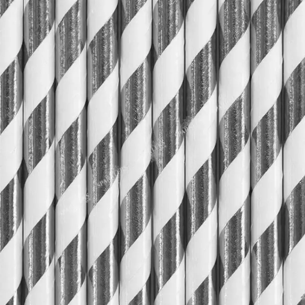 10 Pailles en papier de couleurs argent à rayures blanches