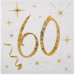 Serviette en Papier Blanc/Or 60 ans (Lot de 20)