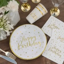 Serviette Happy Birthday Blanc/Or (lot de 20)